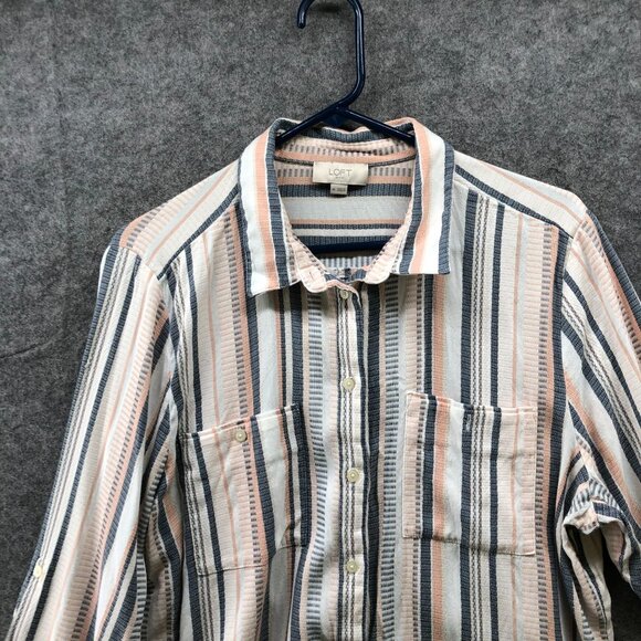Loft Woven Button Down Shirt Womens XL Striped Multicolor Roll Tab Coastal - Picture 3 of 10